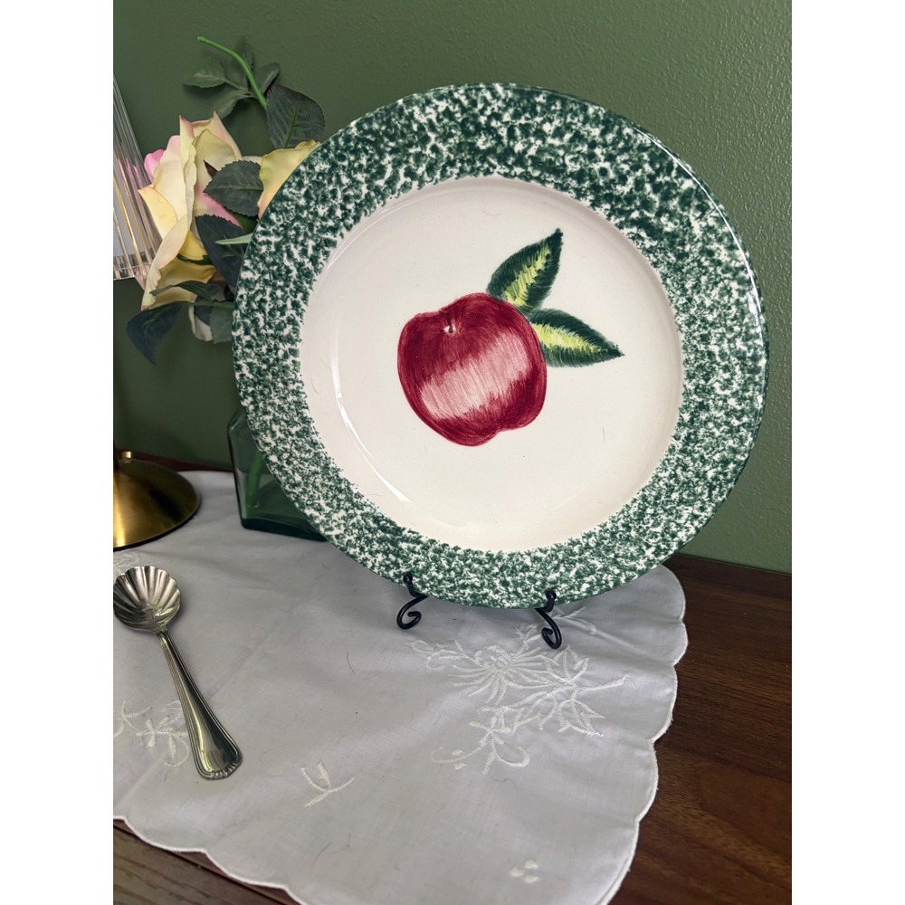 Laurie Gates Apple Plate, Green Spongeware, Hand Painted Fruit Motif
